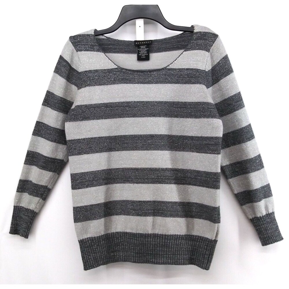Metaphor Shirt Womens Size XL Long Sleeve Gray Striped Metallic Glitter Top